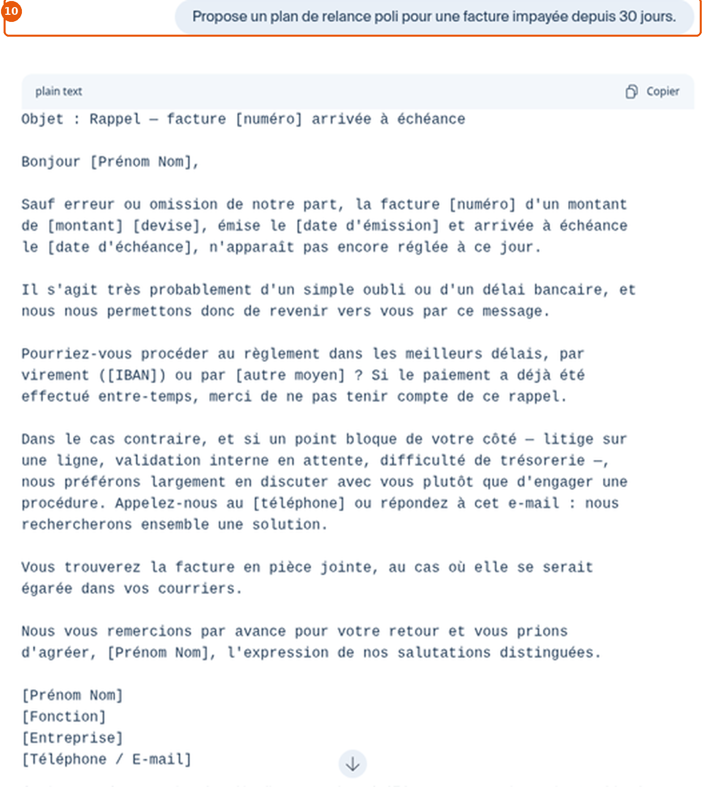 Réponse d'Euria : plan de relance d'une facture impayée