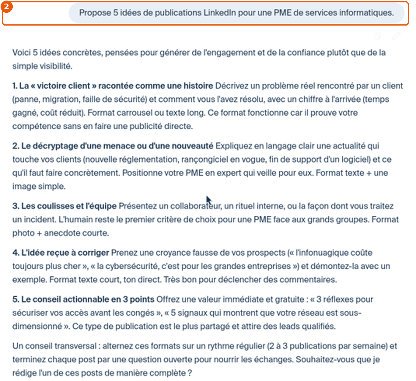 Réponse d'Euria : 5 idées de publications LinkedIn