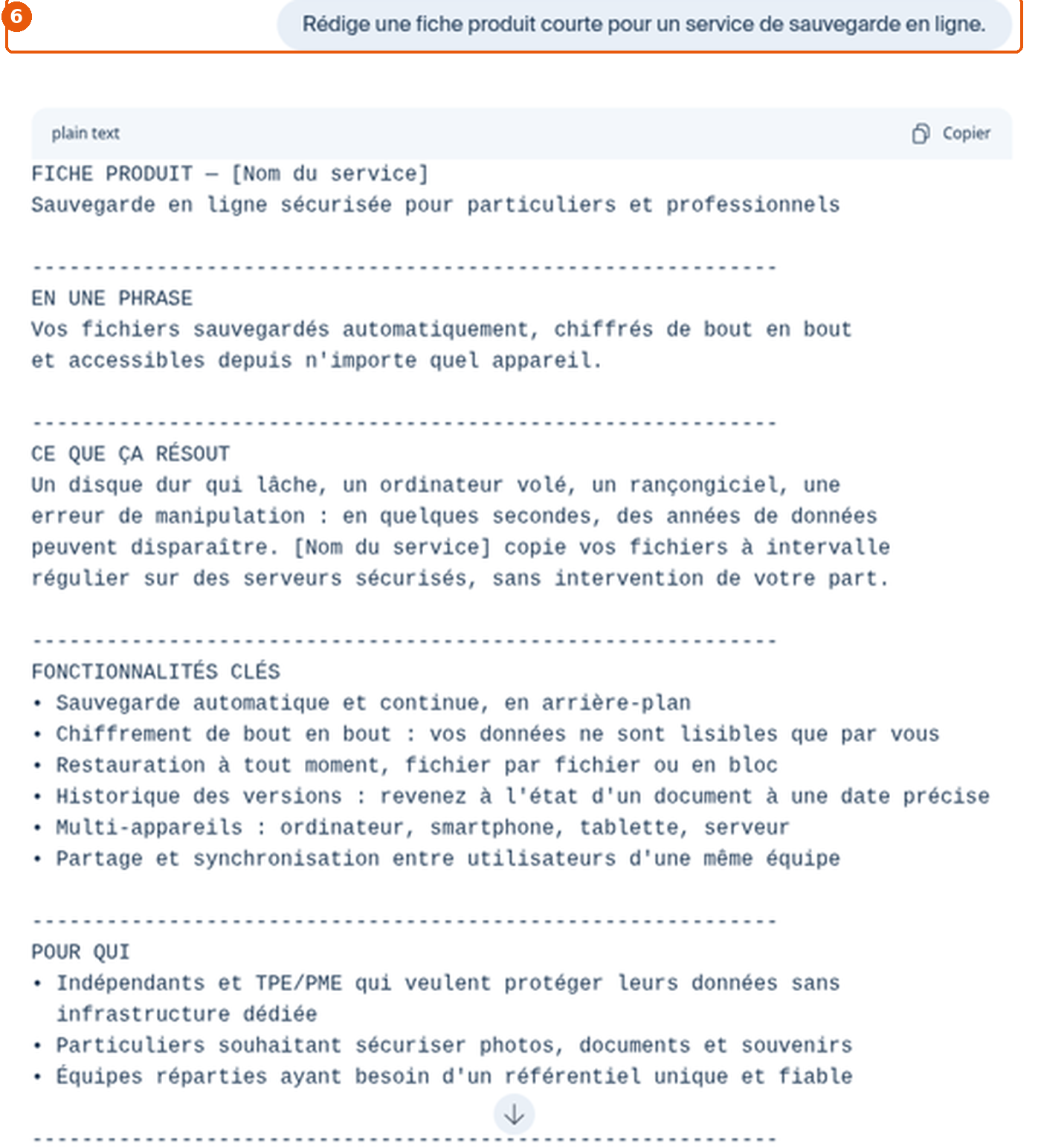 Réponse d'Euria : fiche produit pour un service de sauvegarde en ligne