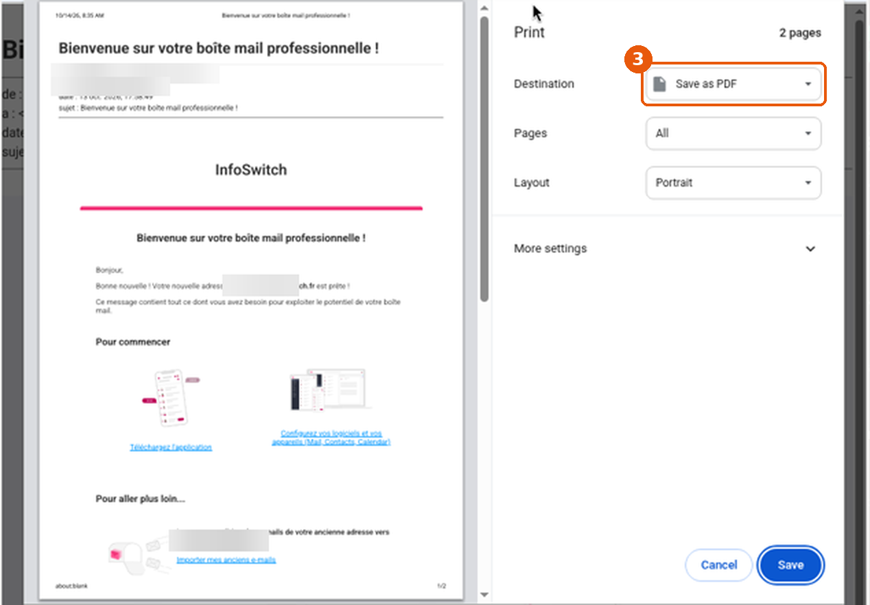 Fenêtre d'impression de Google Chrome en anglais : Destination Save as PDF encadrée (3), bouton Save, aperçu du message avec adresses floutées