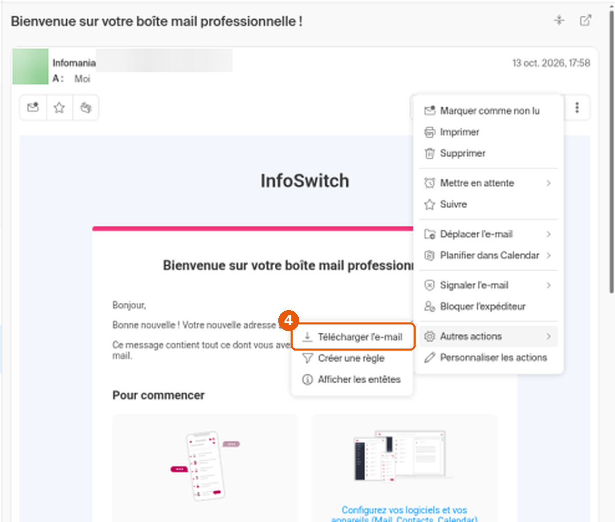 Mail Infomaniak : sous-menu Autres actions ouvert, entrée Télécharger l'e-mail encadrée (4)