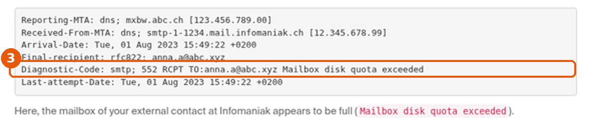Exemple fictif de pièce jointe de rapport tiré de la page 858 : ligne Diagnostic-Code avec Mailbox disk quota exceeded encadrée (3)