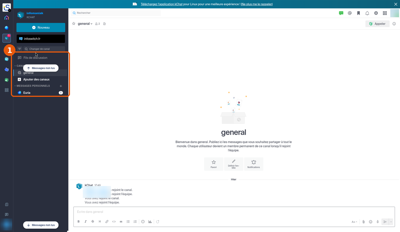 kChat : barre latérale avec Fils de discussion, Canaux (general, Ajouter des canaux) et Messages personnels encadrée (1), noms floutés