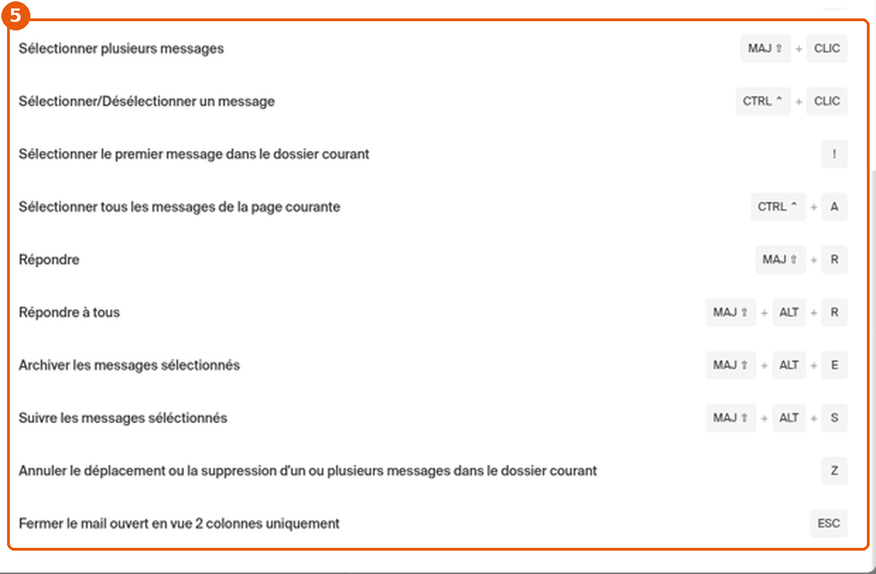 Suite de la liste des raccourcis clavier de Mail Infomaniak encadrée (5) : de Sélectionner plusieurs messages à Fermer le mail ouvert en vue 2 colonnes uniquement (ESC)