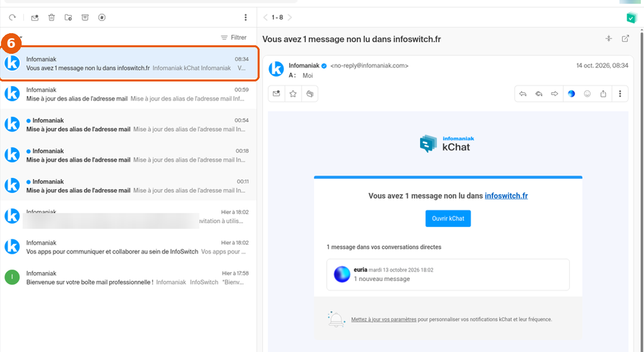 Mail Infomaniak : premier message de la liste sélectionné encadré (6) et affiché à droite, une ligne de la liste floutée