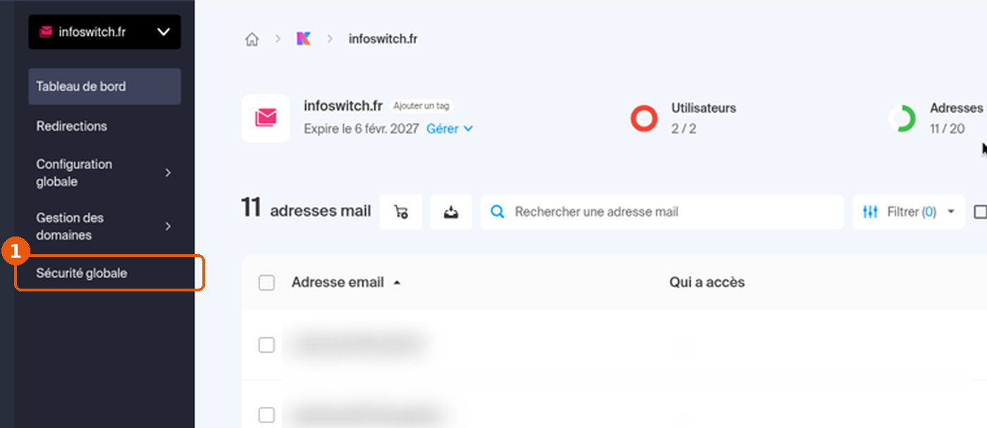 Service Mail infoswitch.fr dans le Manager, entrée Sécurité globale du menu de gauche encadrée