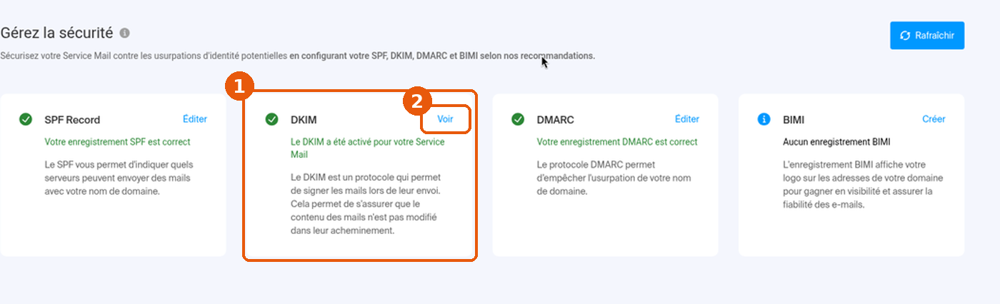 Page Gérez la sécurité : carte DKIM avec le statut Le DKIM a été activé et bouton Voir encadrés