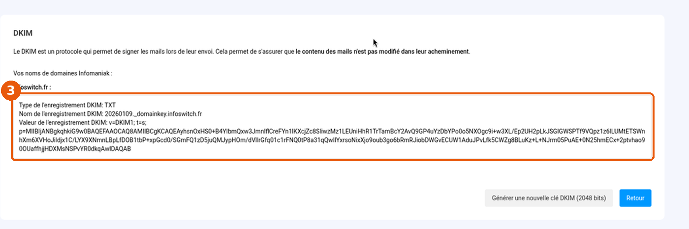 Page DKIM : type, nom et valeur de l'enregistrement DKIM encadrés