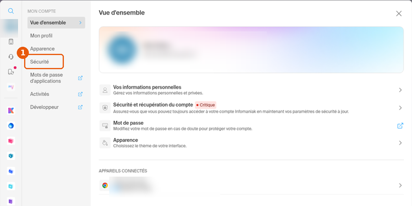 Fenêtre Mon compte avec le menu Sécurité encadré