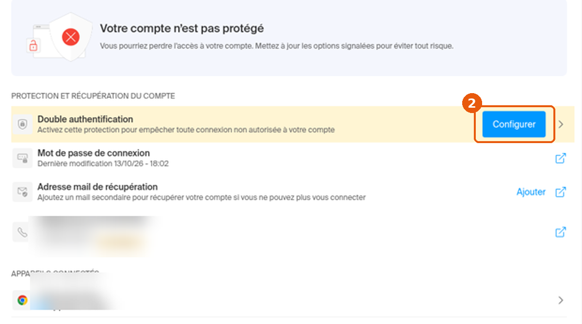 Page Sécurité avec le bouton Configurer de la double authentification encadré
