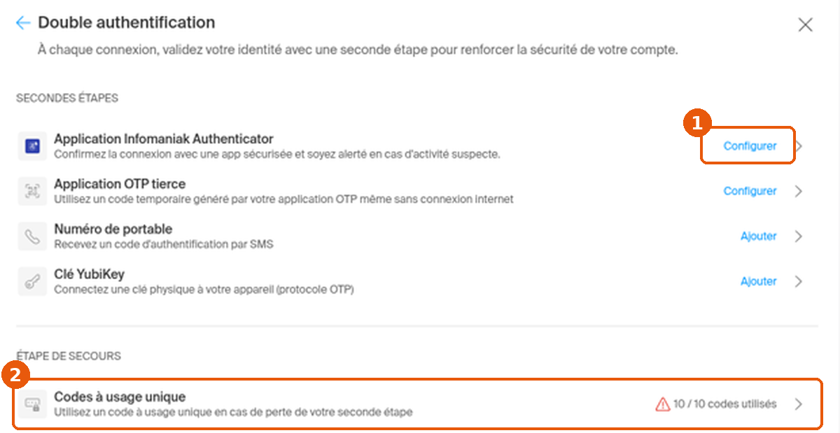 Liste des méthodes de double authentification et des codes à usage unique