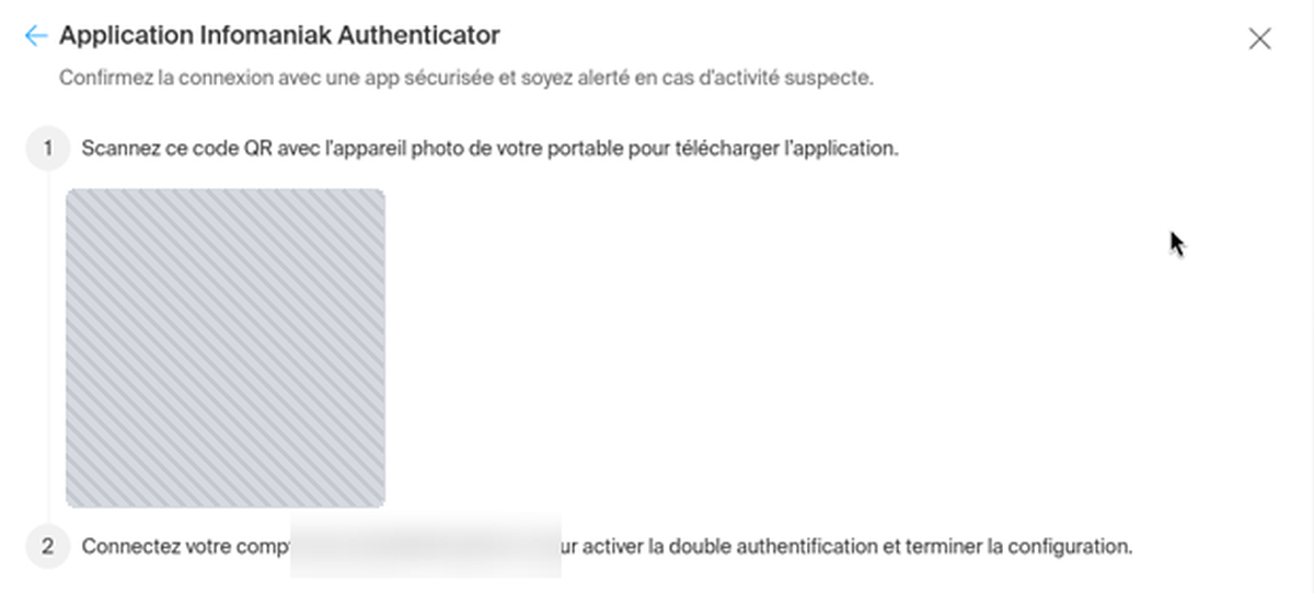 Écran Application Infomaniak Authenticator avec le code QR masqué