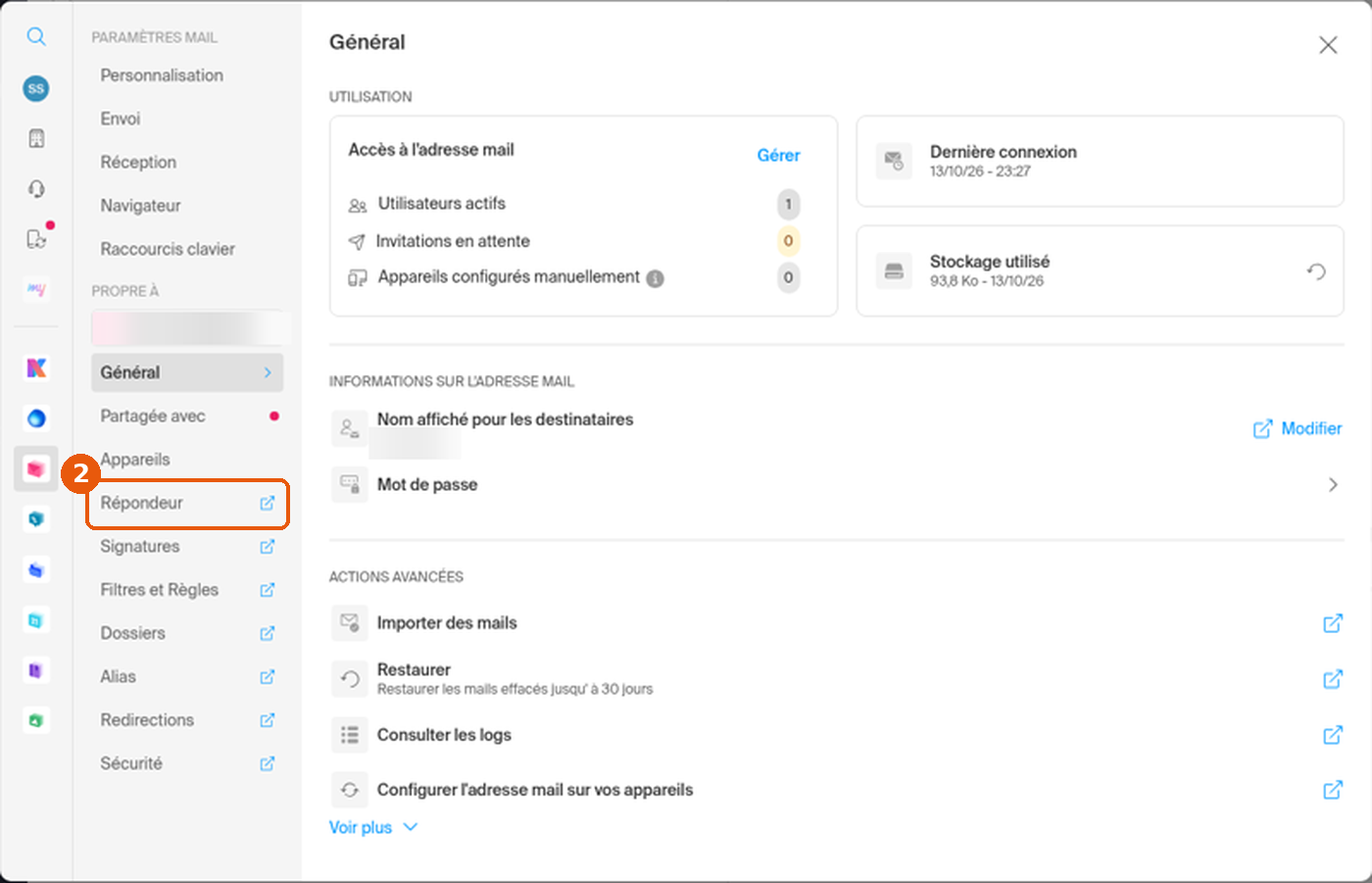 Fenêtre Paramètres Mail, le lien Répondeur de la section Propre à est encadré.