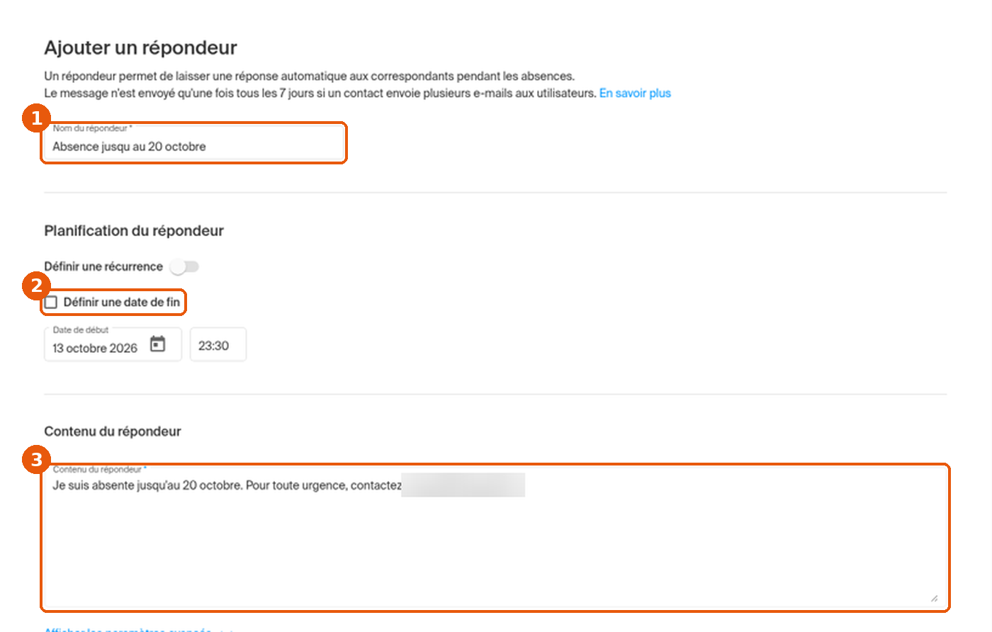Formulaire Ajouter un répondeur : champ Nom du répondeur (1), case Définir une date de fin (2) et champ Contenu du répondeur (3) encadrés.