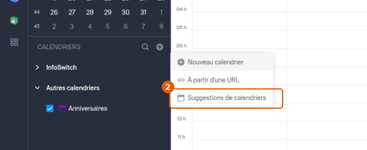 Menu avec Nouveau calendrier, À partir d'une URL et Suggestions de calendriers encadré
