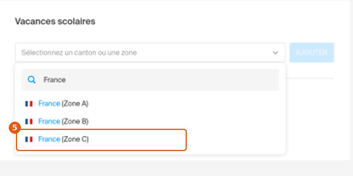 Liste des zones de vacances scolaires filtrée sur France avec la Zone C encadrée