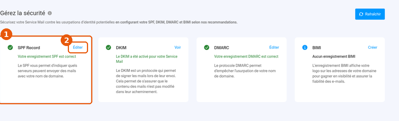 Page Gérez la sécurité : carte SPF Record avec le statut correct et bouton Éditer encadrés