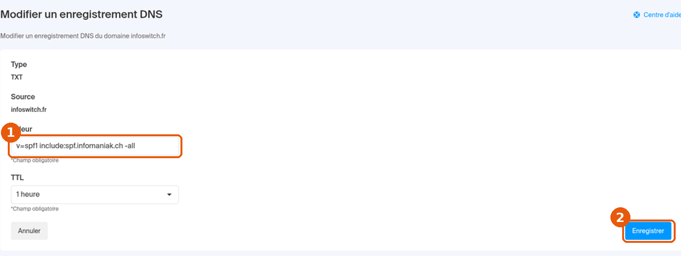 Formulaire Modifier un enregistrement DNS : champ Valeur et bouton Enregistrer encadrés
