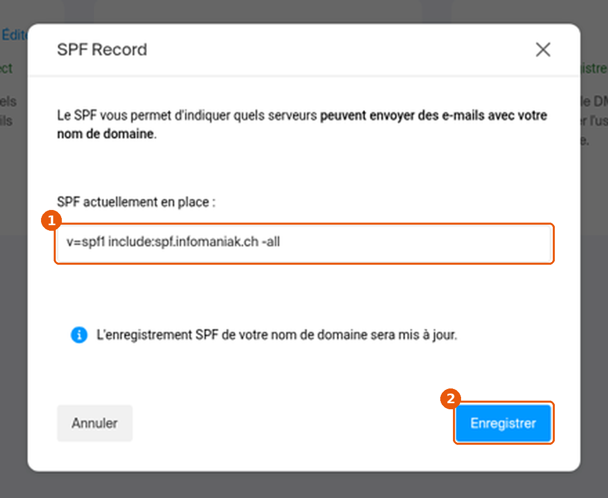 Fenêtre SPF Record : champ SPF actuellement en place et bouton Enregistrer encadrés