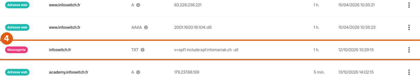 Zone DNS : ligne Messagerie de type TXT contenant v=spf1 include:spf.infomaniak.ch -all encadrée