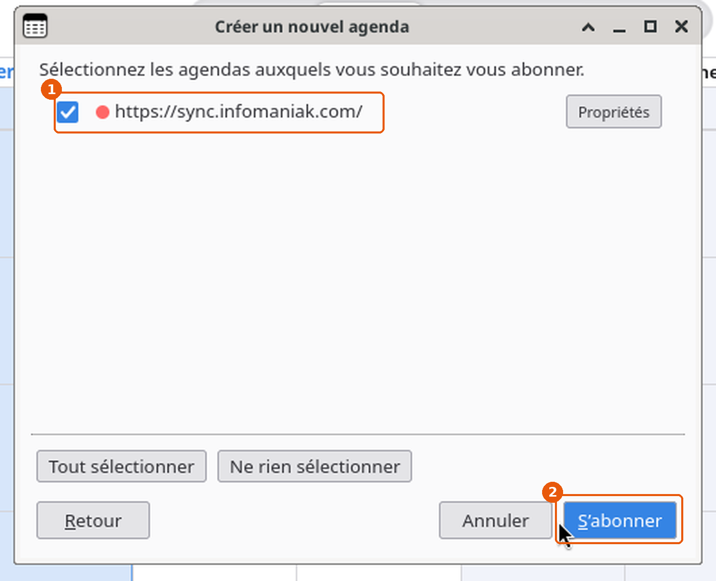 Liste des agendas trouvés : agenda https://sync.infomaniak.com/ coché et bouton S'abonner encadrés