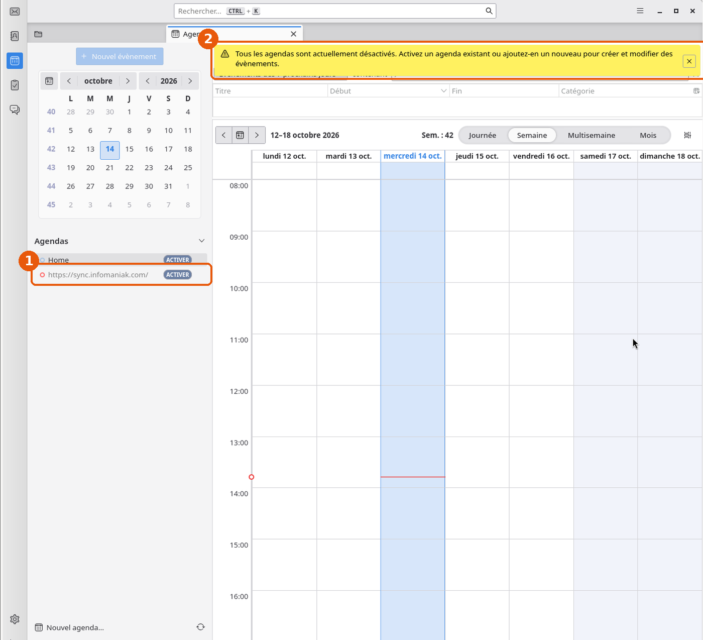 Liste Agendas avec l'agenda sync.infomaniak.com et le badge ACTIVER, et bandeau Tous les agendas sont actuellement désactivés encadrés
