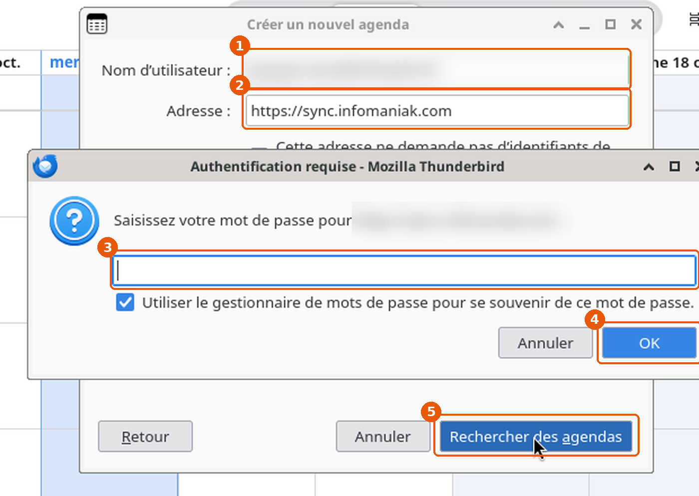 Fenêtres Créer un nouvel agenda et Authentification requise : nom d'utilisateur flouté, adresse sync.infomaniak.com, champ mot de passe, OK et Rechercher des agendas encadrés