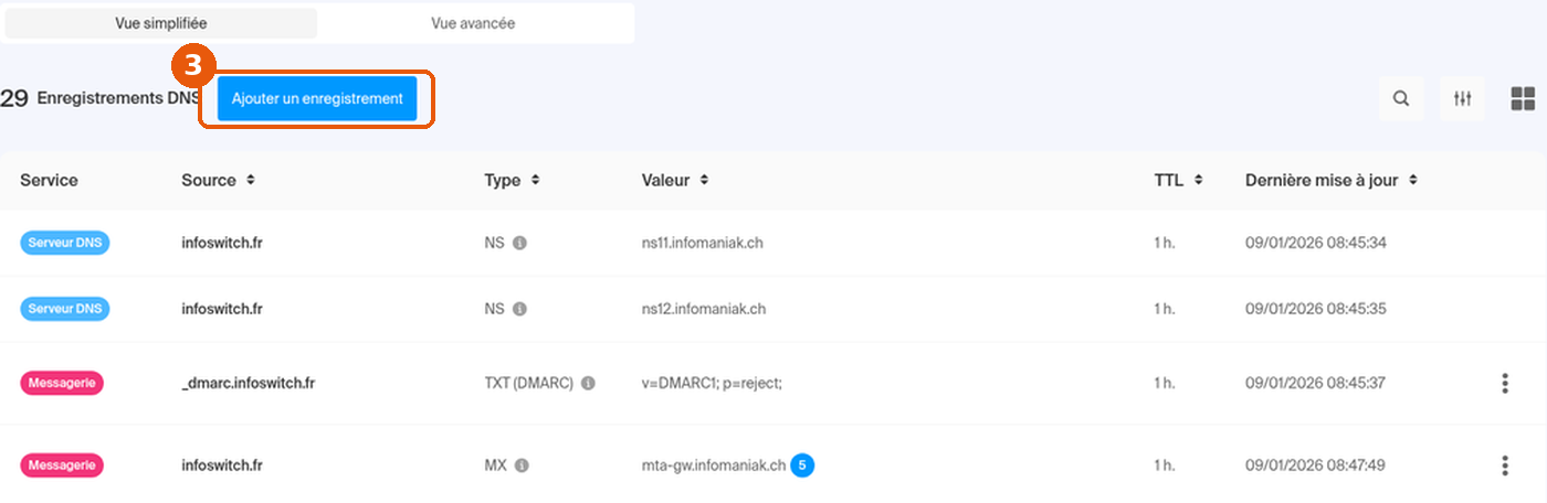 Zone DNS, bouton Ajouter un enregistrement encadré
