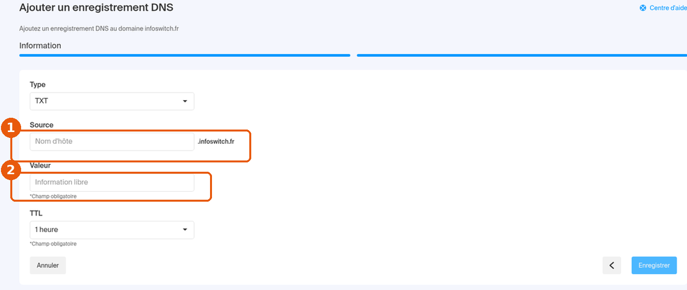 Formulaire Information de l'enregistrement TXT : champs Source (suffixe .infoswitch.fr) et Valeur encadrés