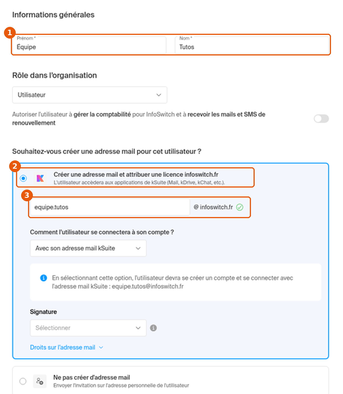 Étape Informations : Prénom et Nom, option Créer une adresse mail et attribuer une licence infoswitch.fr et préfixe de l'adresse encadrés
