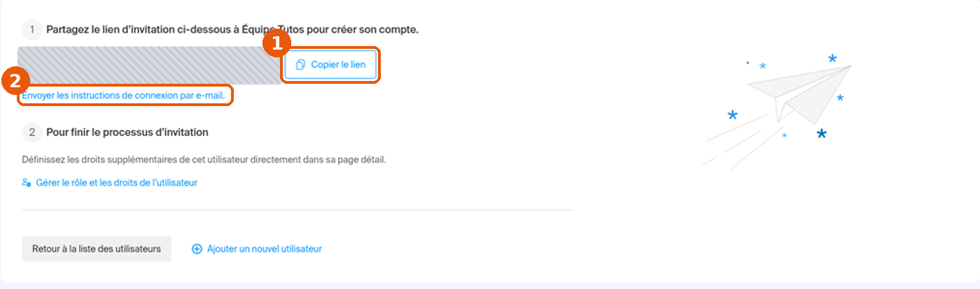 Étape Invitation : bouton Copier le lien et lien Envoyer les instructions de connexion par e-mail encadrés, lien d'invitation masqué