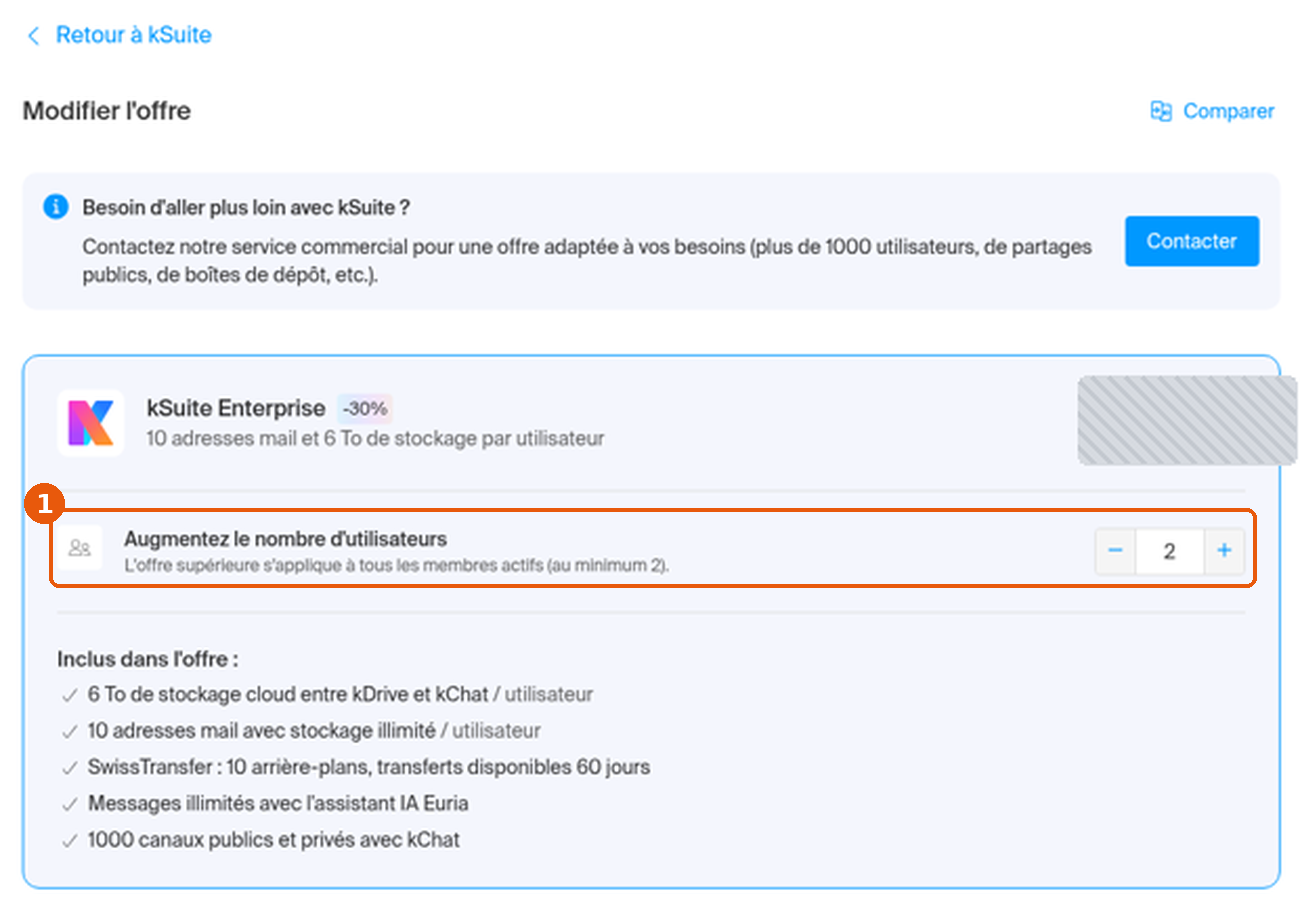 Page Modifier l'offre de kSuite : ligne Augmentez le nombre d'utilisateurs encadrée, tarif masqué