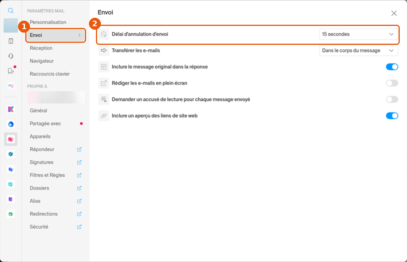 Paramètres Mail, rubrique Envoi, avec la ligne Délai d'annulation d'envoi