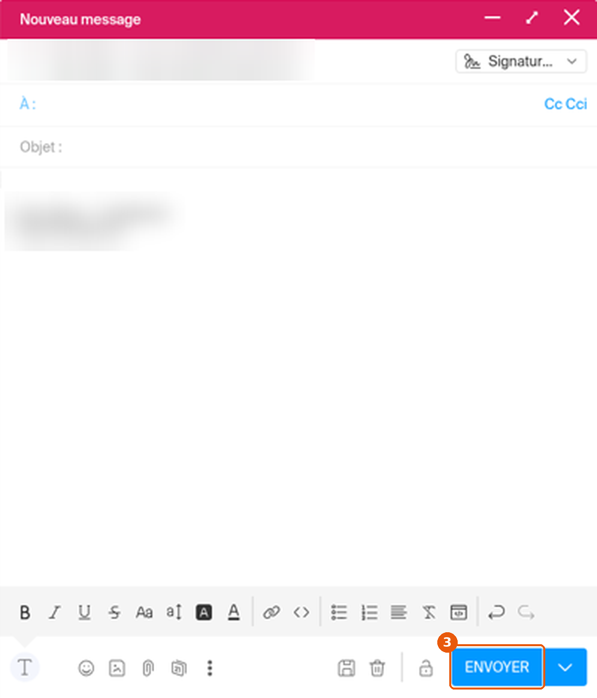 Fenêtre Nouveau message avec le bouton ENVOYER