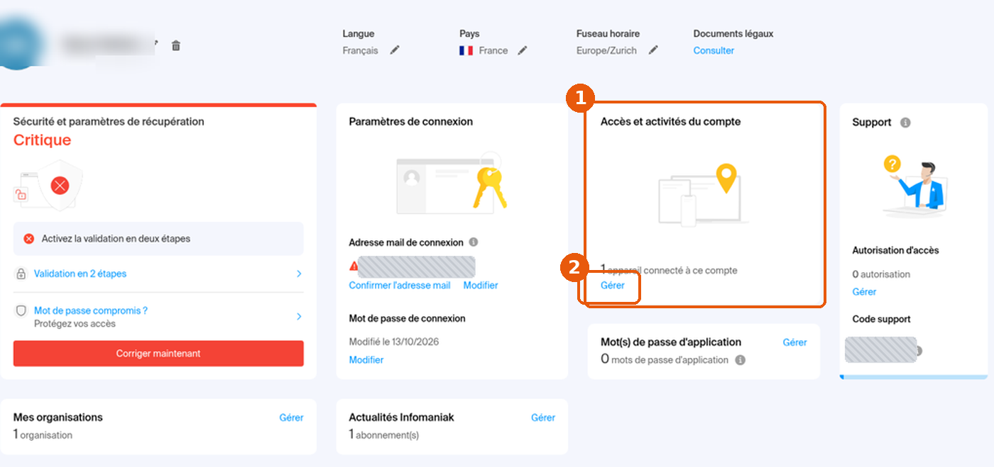 Page Mon profil avec la carte Accès et activités du compte et le lien Gérer