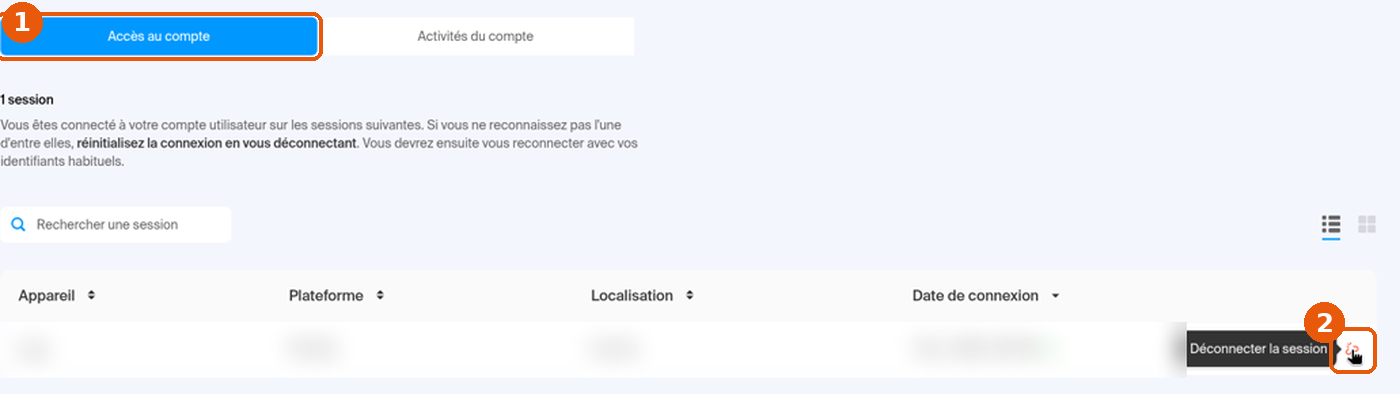 Onglet Accès au compte avec l'infobulle Déconnecter la session