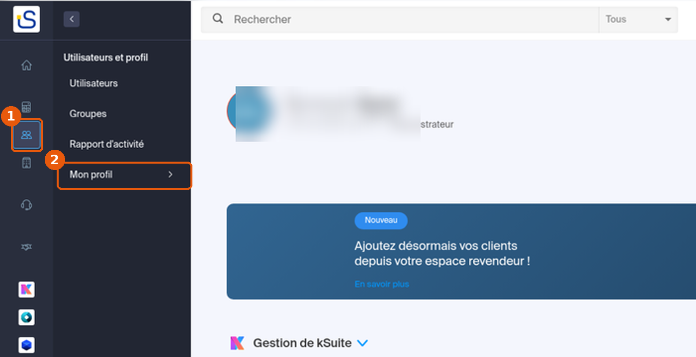 Barre latérale du Manager : Utilisateurs et profil puis Mon profil