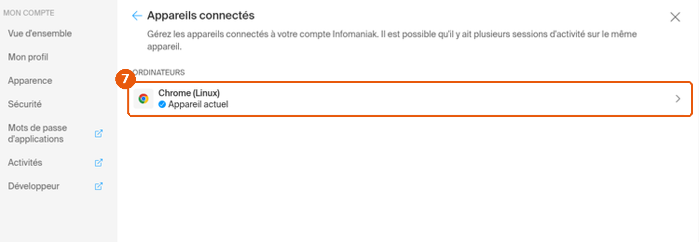 Liste Appareils connectés avec Chrome (Linux) – Appareil actuel