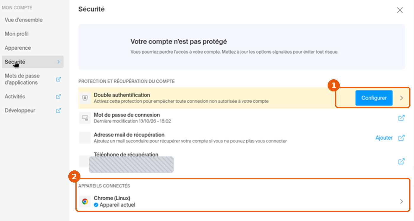 Écran Sécurité : Double authentification et Appareils connectés
