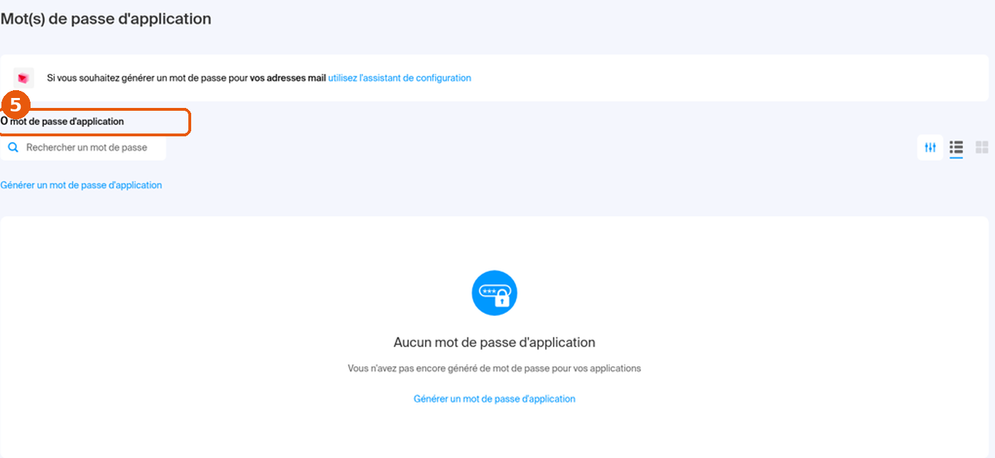 Page Mot(s) de passe d'application, ici sans aucun mot de passe