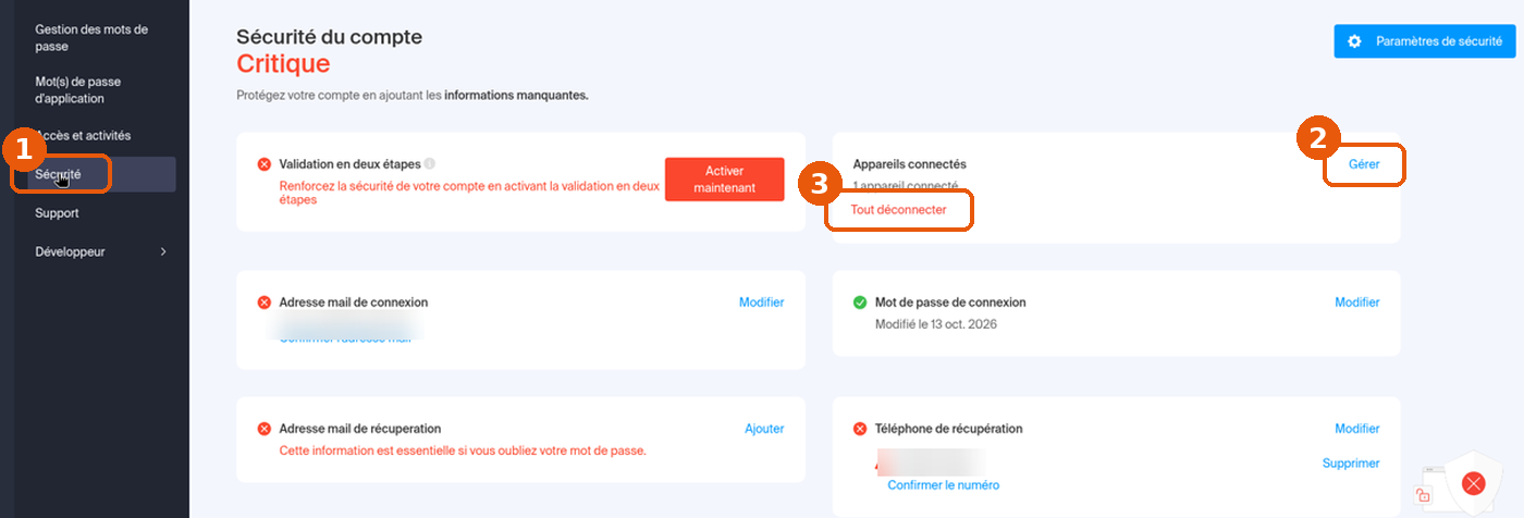 Page Sécurité du compte avec Appareils connectés, Gérer et Tout déconnecter