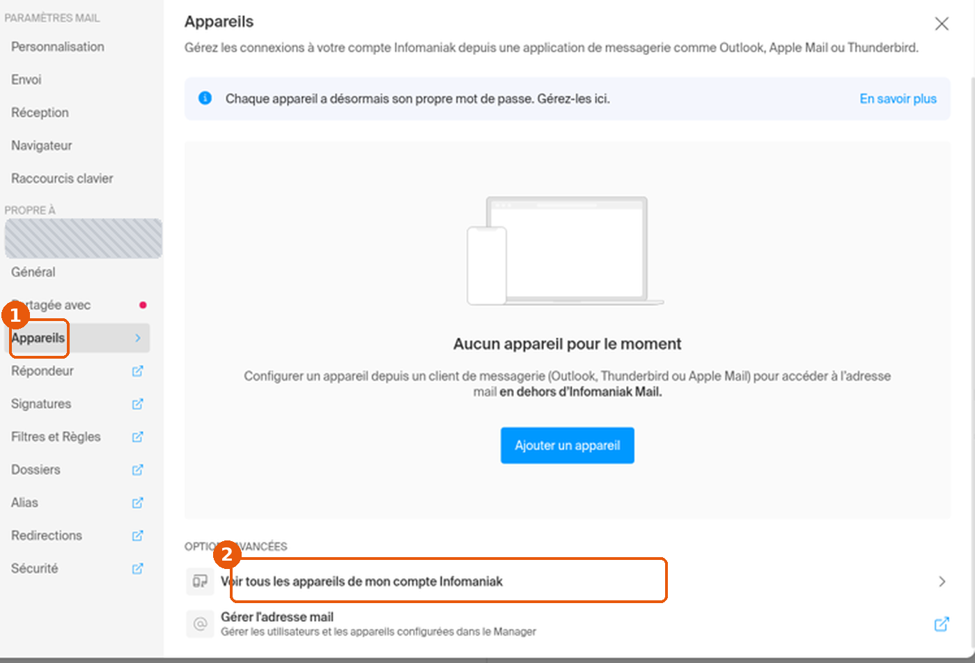 Paramètres Mail, rubrique Appareils et lien Voir tous les appareils de mon compte Infomaniak
