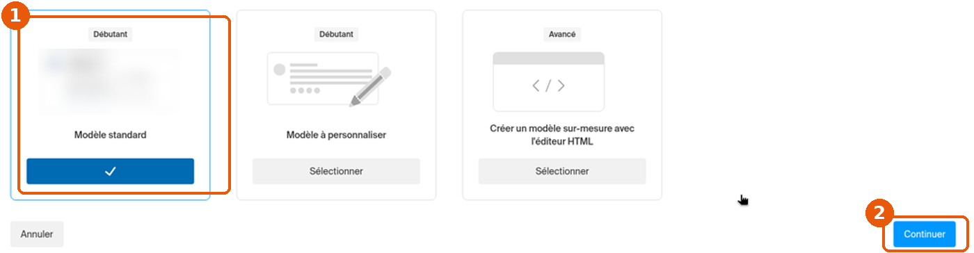 Étape Modèle de l'assistant de signature avec le Modèle standard sélectionné et le bouton Continuer