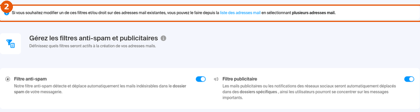 Bandeau indiquant que les adresses existantes se modifient depuis la liste des adresses mail