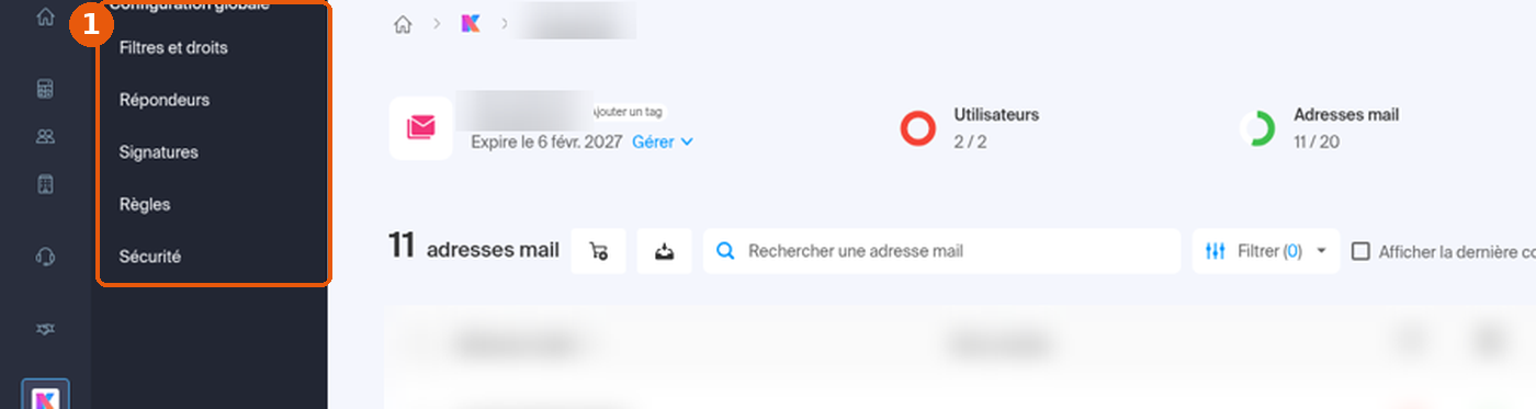 Menu Configuration globale déployé : Filtres et droits, Répondeurs, Signatures, Règles, Sécurité