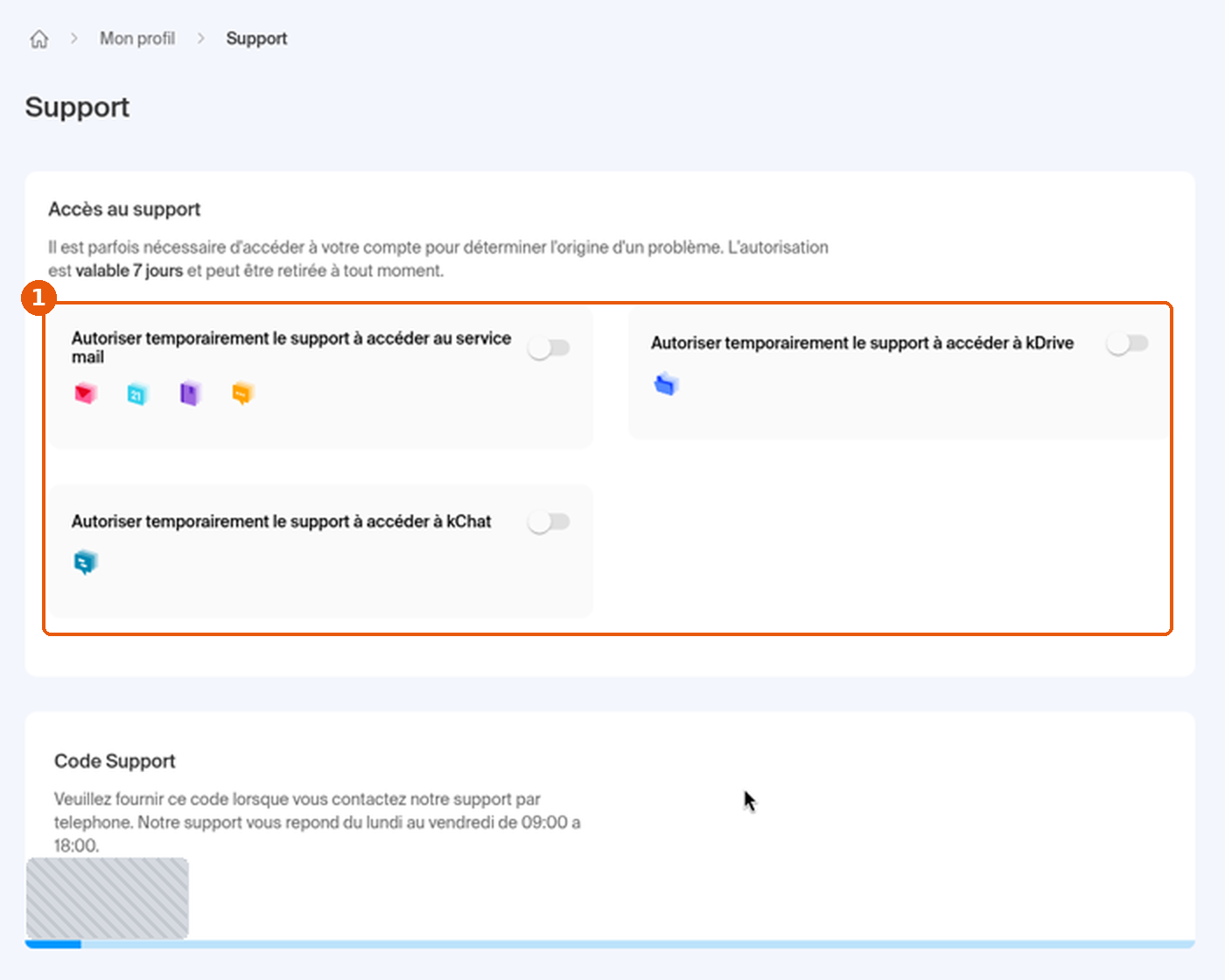 Mon profil › Support : carte Accès au support avec trois interrupteurs d'autorisation temporaire
