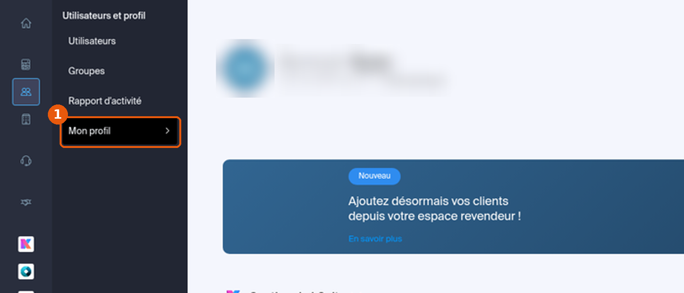 Menu Utilisateurs et profil déplié, entrée Mon profil encadrée