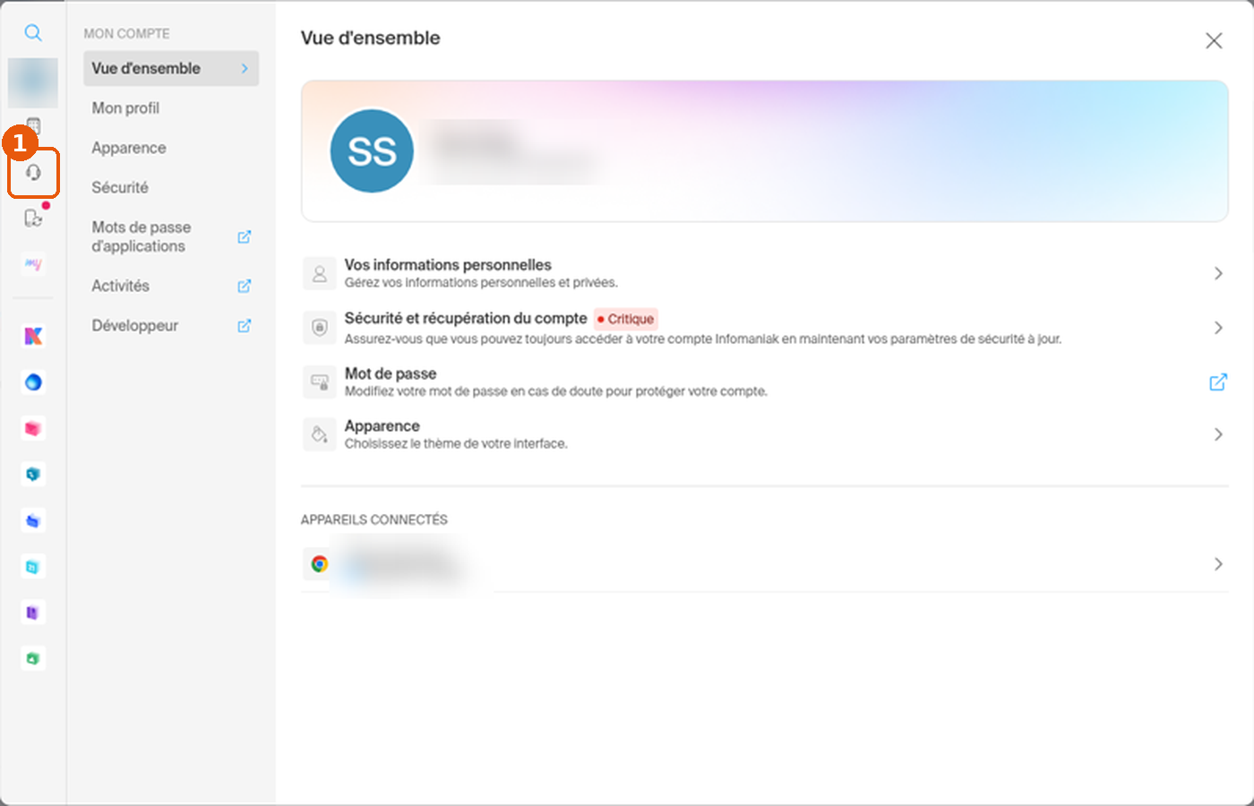 Fenêtre Paramètres ouverte sur Mon compte, icône Support (casque) encadrée dans la barre latérale