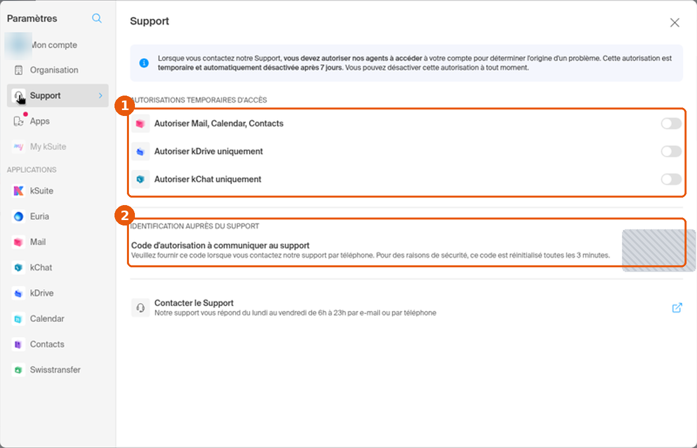 Paramètres › Support : trois interrupteurs d'autorisation temporaire et code d'autorisation masqué