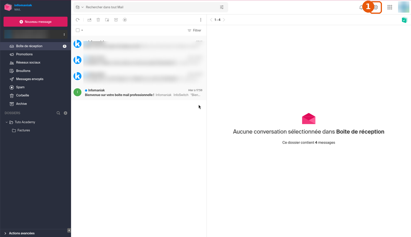 Icône roue dentée Paramètres en haut à droite de Mail Infomaniak